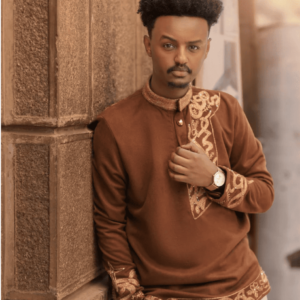 Brown Habesha Men's Shirt with Golden Design