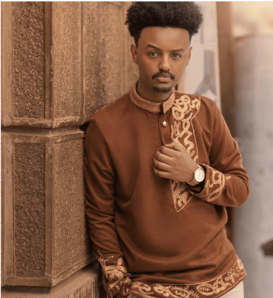 Brown Habesha Men's Shirt with Golden Design
