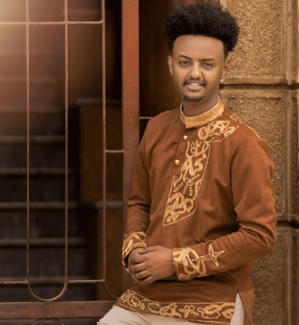 Brown Habesha Men's Shirt with Golden Design - Image 2