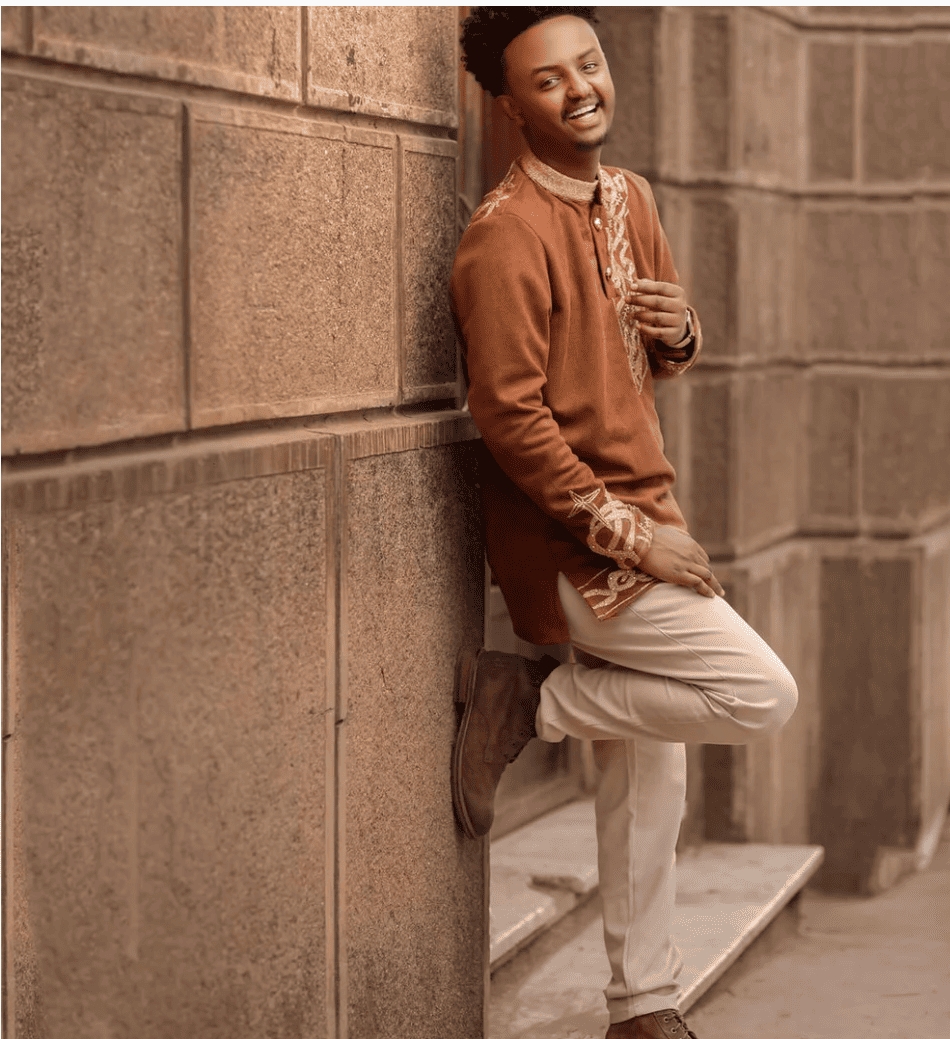 Brown Habesha Men's Shirt with Golden Design - Image 3
