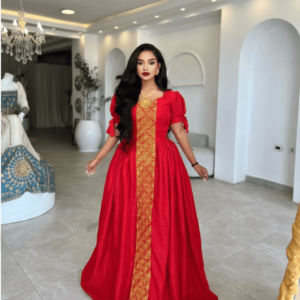 Striking Red Traditional Ethiopia Dress: with Golden Long Cultural Embroidery Habesha Dress Stunning Eritrean Clothing