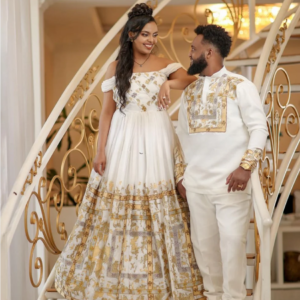 Shimmering Golden Ethiopian Traditional Couples Outfit